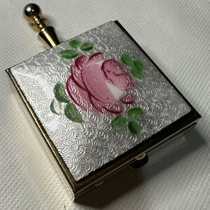VTG Purse Ashtray Pink Rose Metal Box & Handle Cigarette Rest Holds Ashes Travel